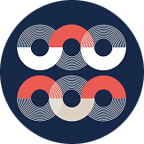 Abstract geometric logo with interlocking circular waves and rings in coral, white, and beige colors on a dark blue background.