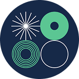 Abstract geometric logo featuring a white starburst, green concentric rings, a solid green circle, and a thin white outline on dark blue background.