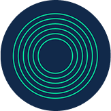 Abstract geometric logo with multiple bright green concentric rings on a dark blue circular background.