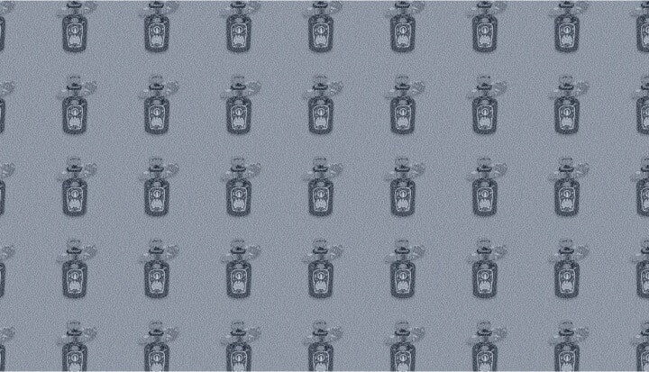 Pattern of small Colgate soap and perfume bottles from 1900 against a light gray background.